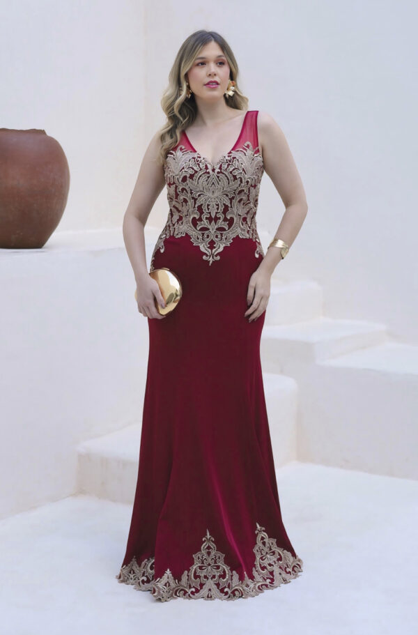 1267 - Vestido Gracie Importado busto com aplicaçâo dourada e saia com barrado - 40 42 44 - Vermelho