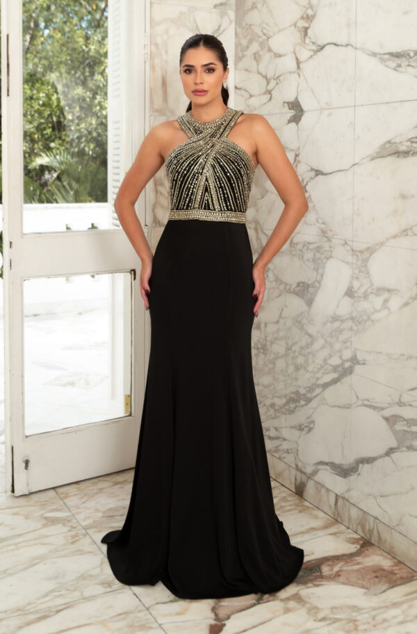 1036 - Vestido Anna Importado busto bordado, gola cruzada e saia sereia - 36 38 40 42 - Preto