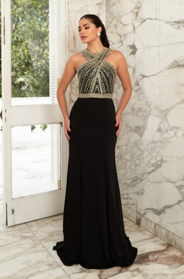 1036 - Vestido Anna Importado busto bordado, gola cruzada e saia sereia - 36 38 40 42 - Preto - Image 3