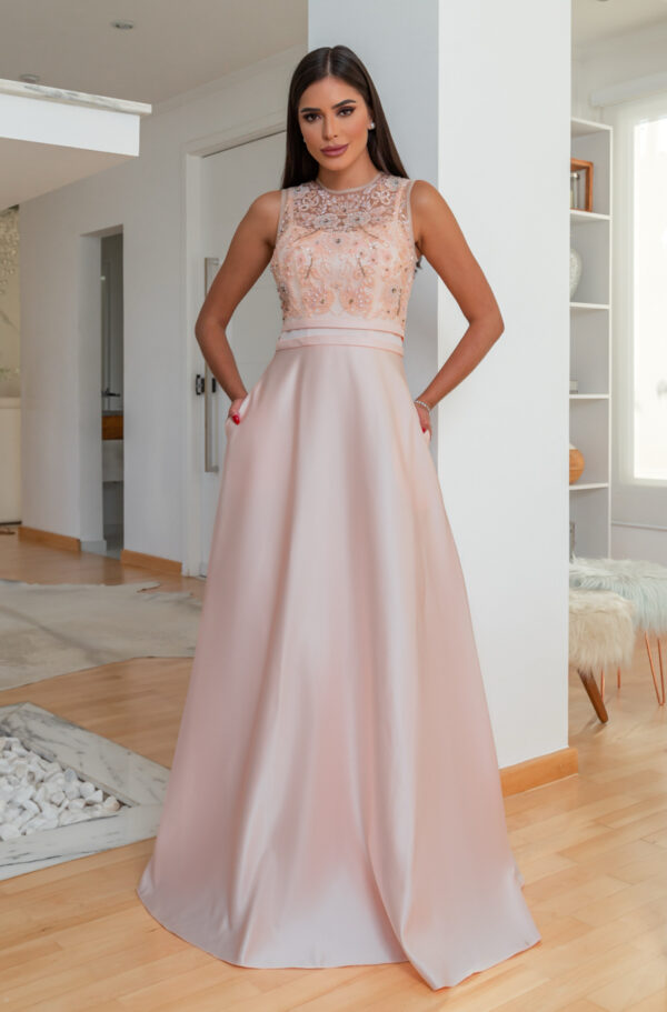 1129 - Vestido Katherine Importado busto bordado e saia levemente rodada - 36 38 40 42 - Coral