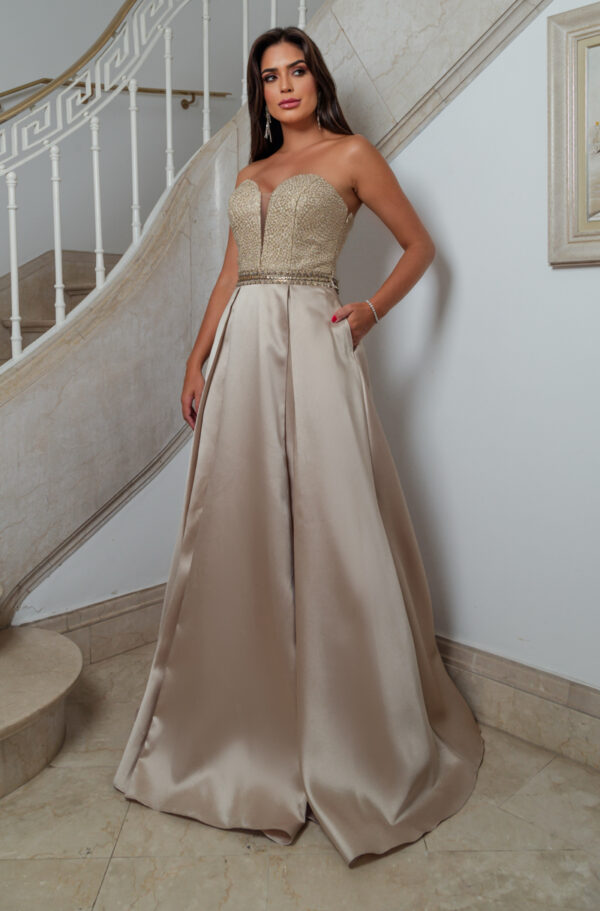 1135 - Vestido Evie Importado, cintura bordada e saia zibeline - 38 40 42 44 - Dourado
