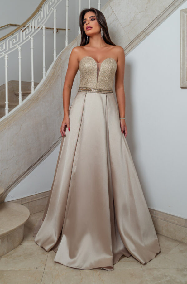 1135 - Vestido Evie Importado, cintura bordada e saia zibeline - 38 40 42 44 - Dourado - Image 3