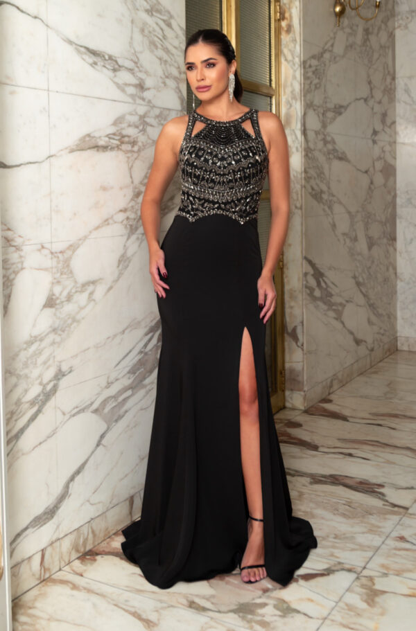 1281 - Vestido Allison importado busto bordado e saia fenda - 40 42 44 46 - Preto