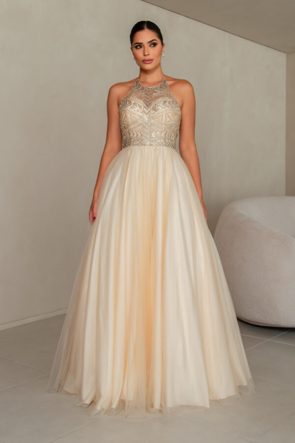 1299 - Vestido Mackenzie Importado busto bordado prateado e saia de tule - 36 38 40 42 - Dourado