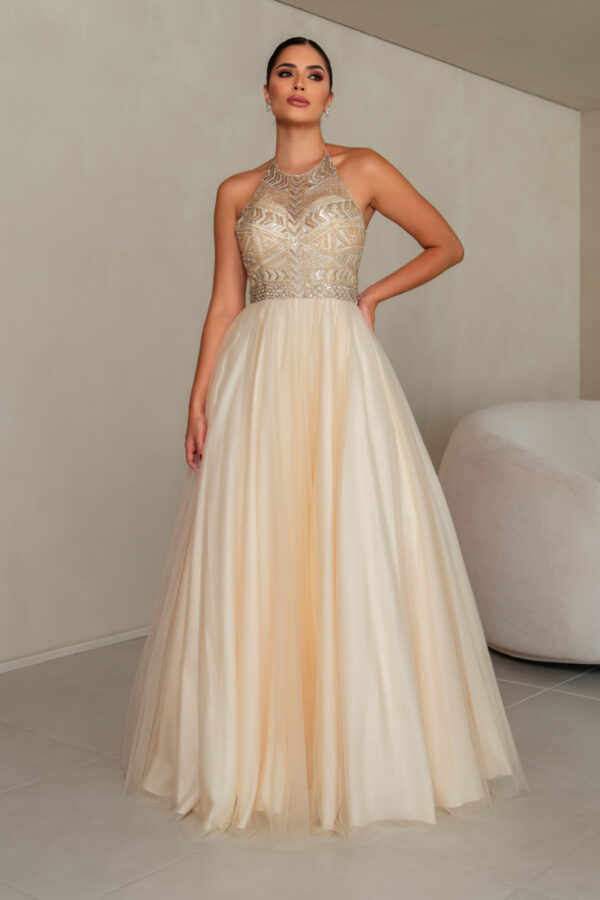 1299 - Vestido Mackenzie Importado busto bordado prateado e saia de tule - 36 38 40 42 - Dourado - Image 5