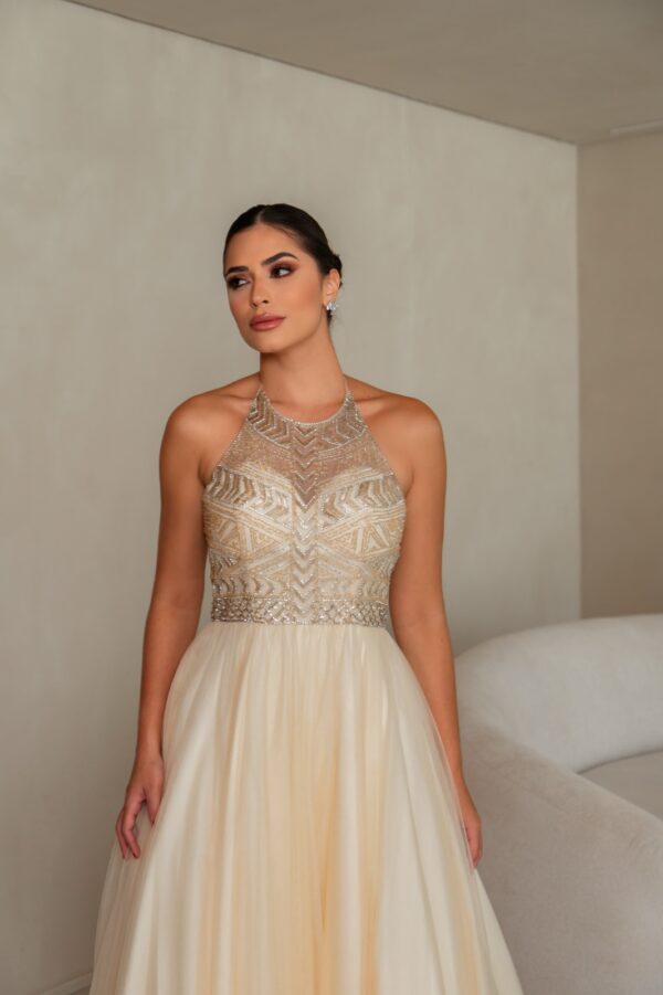 1299 - Vestido Mackenzie Importado busto bordado prateado e saia de tule - 36 38 40 42 - Dourado - Image 3