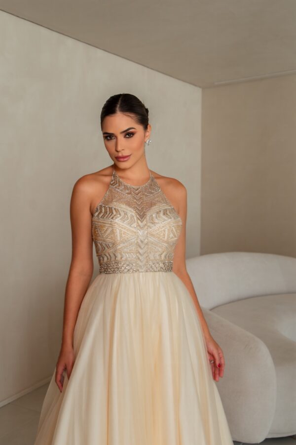 1299 - Vestido Mackenzie Importado busto bordado prateado e saia de tule - 36 38 40 42 - Dourado - Image 2
