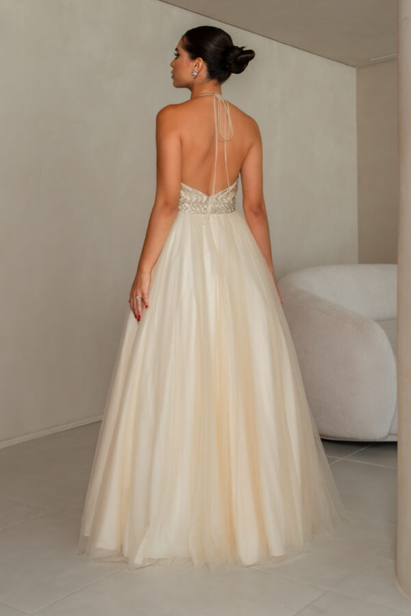 1299 - Vestido Mackenzie Importado busto bordado prateado e saia de tule - 36 38 40 42 - Dourado - Image 4