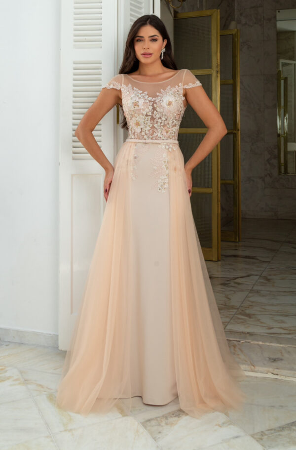1314 - Vestido Sadie Importado busto flores bordado e saia detalhe de tule - 38 40 42 44 46 - Nude