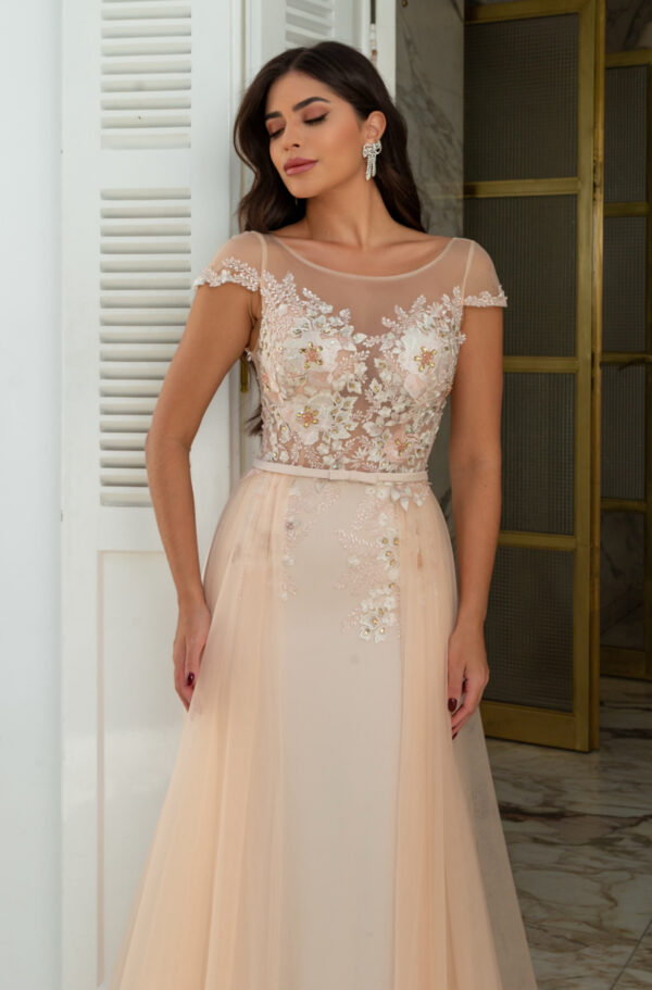 1314 - Vestido Sadie Importado busto flores bordado e saia detalhe de tule - 38 40 42 44 46 - Nude - Image 4