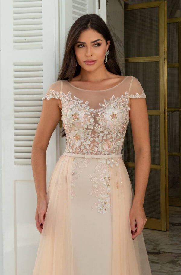 1314 - Vestido Sadie Importado busto flores bordado e saia detalhe de tule - 38 40 42 44 46 - Nude - Image 2