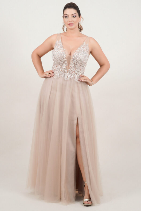 1364 - Vestido Kylie Importado busto renda bordada e saia tule rodada - 38 40 42 44 - Dourado