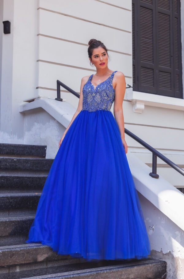 1401 - Vestido Valentina Importado bordado e saia de tule franzida - 38 40 42 44 46 - Royal