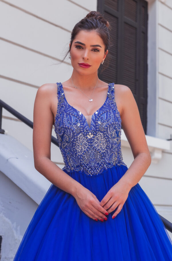 1401 - Vestido Valentina Importado bordado e saia de tule franzida - 38 40 42 44 46 - Royal - Image 2