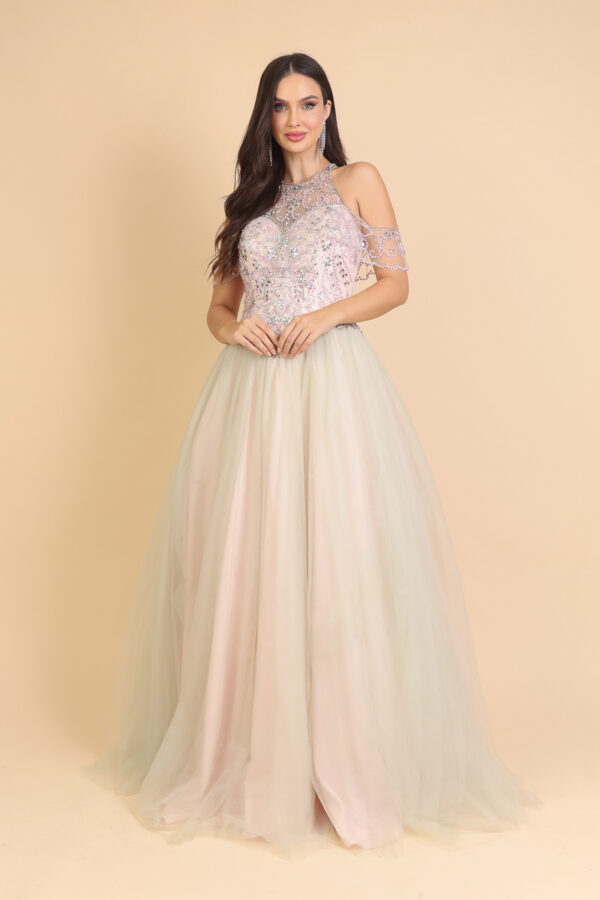 1574 - Vestido Daniella Importado com gola, manga bordada e saia rodada de tule - 40 42 44 46 - Nude