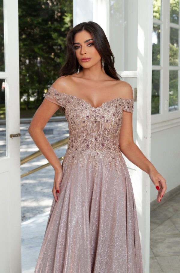1587 - Vestido Gemma Importado ombro a ombro bordado lurex bicici - 40 42 44 46 48 50 - Nude - Image 4
