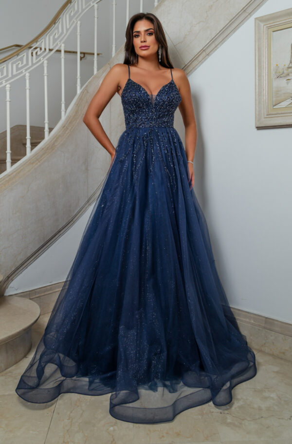 1605 - Vestido Liliana Importado busto bordado e saia rodada de tule - 36 38 40 42 44 - Marinho