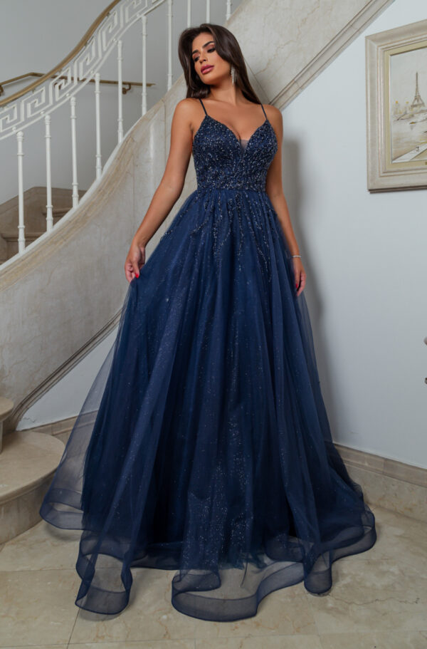 1605 - Vestido Liliana Importado busto bordado e saia rodada de tule - 36 38 40 42 44 - Marinho - Image 3