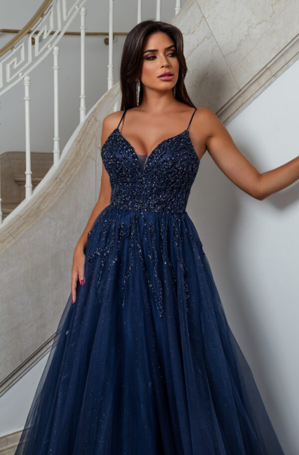 1605 - Vestido Liliana Importado busto bordado e saia rodada de tule - 36 38 40 42 44 - Marinho - Image 2