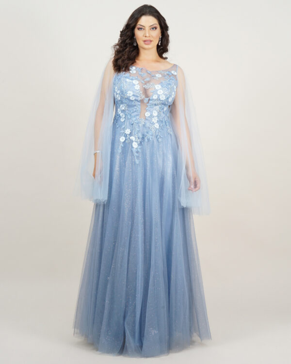 1621 - Vestido Veronica Importado busto renda trabalhada e capa de tule - 38 40 42 44 46 - Azul - Image 8