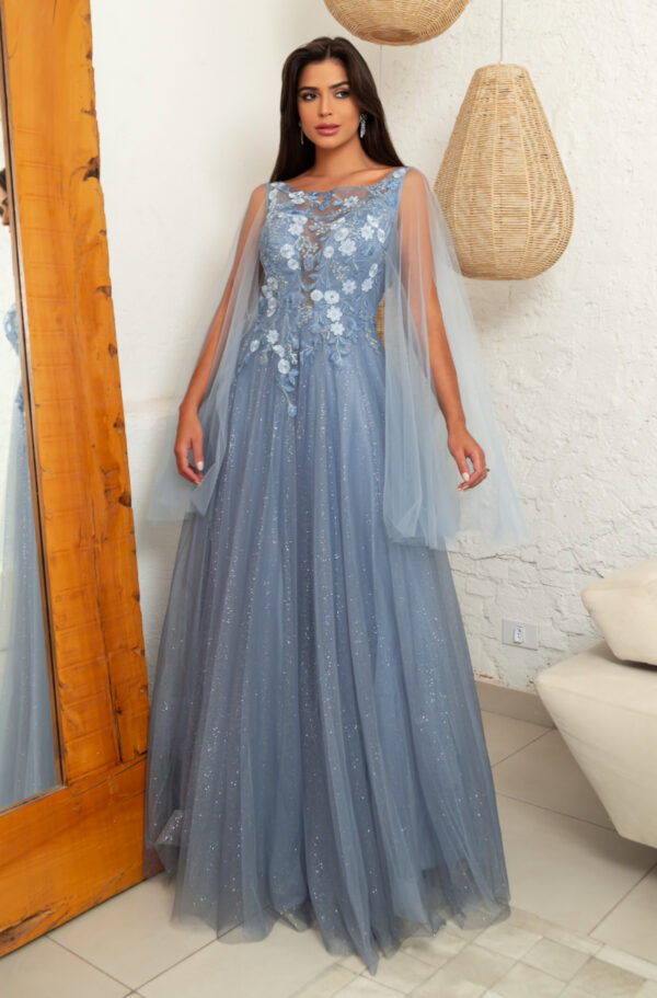 1621 - Vestido Veronica Importado busto renda trabalhada e capa de tule - 38 40 42 44 46 - Azul