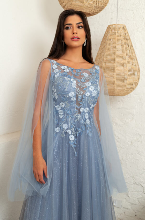 1621 - Vestido Veronica Importado busto renda trabalhada e capa de tule - 38 40 42 44 46 - Azul - Image 2
