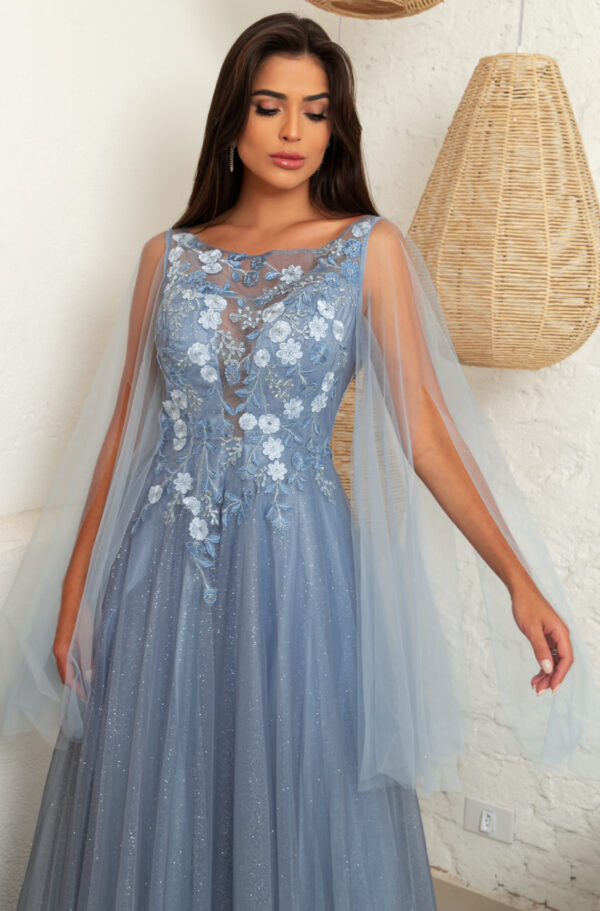 1621 - Vestido Veronica Importado busto renda trabalhada e capa de tule - 38 40 42 44 46 - Azul - Image 4