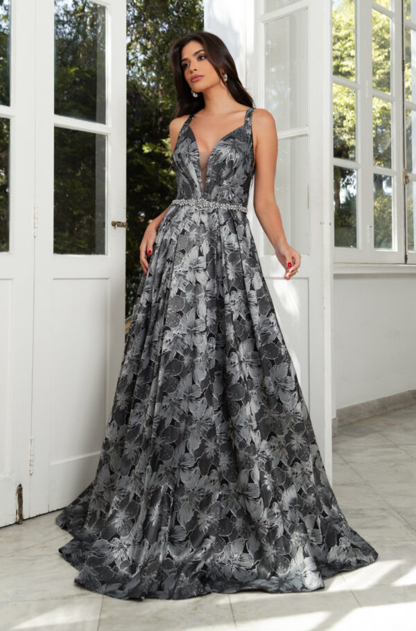 1811 - Vestido Elena Importado busto prega, cintura bordada e saia jacquard - 40 42 44 46 - Preto - Image 3
