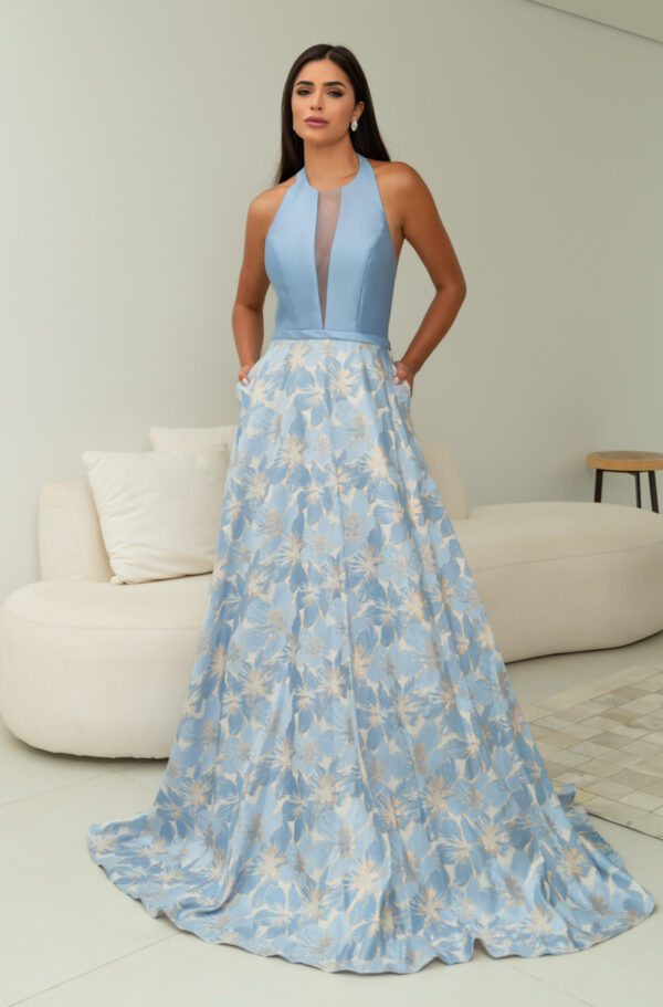 1816 - Vestido Hanna Importado busto liso e saia rodada jacquard estampado - 38 40 42 44 - Azul