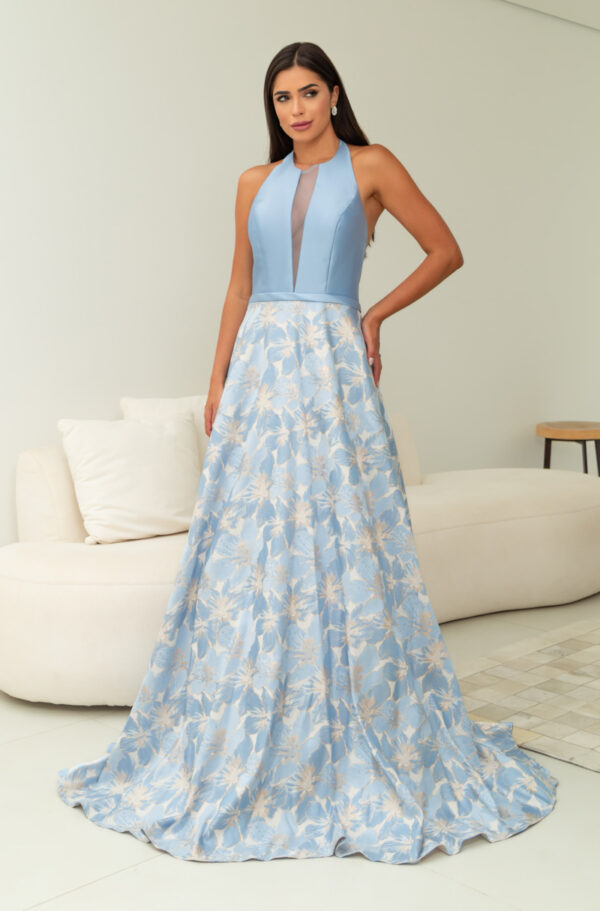 1816 - Vestido Hanna Importado busto liso e saia rodada jacquard estampado - 38 40 42 44 - Azul - Image 3