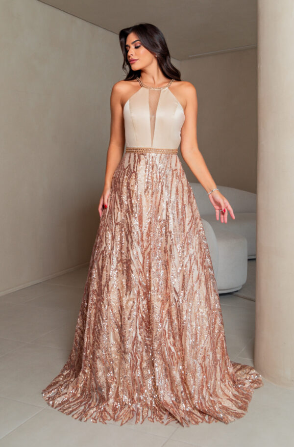 1819 - Vestido Nicole Importado busto liso, gola bordada e saia rodada paete - 36 38 40 42 44 - Dourado - Image 3