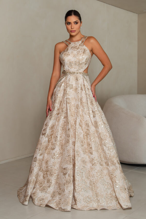 1821 - Vestido Cassidy Importado jacquard bordado e saia com prega - 40 42 - Dourado