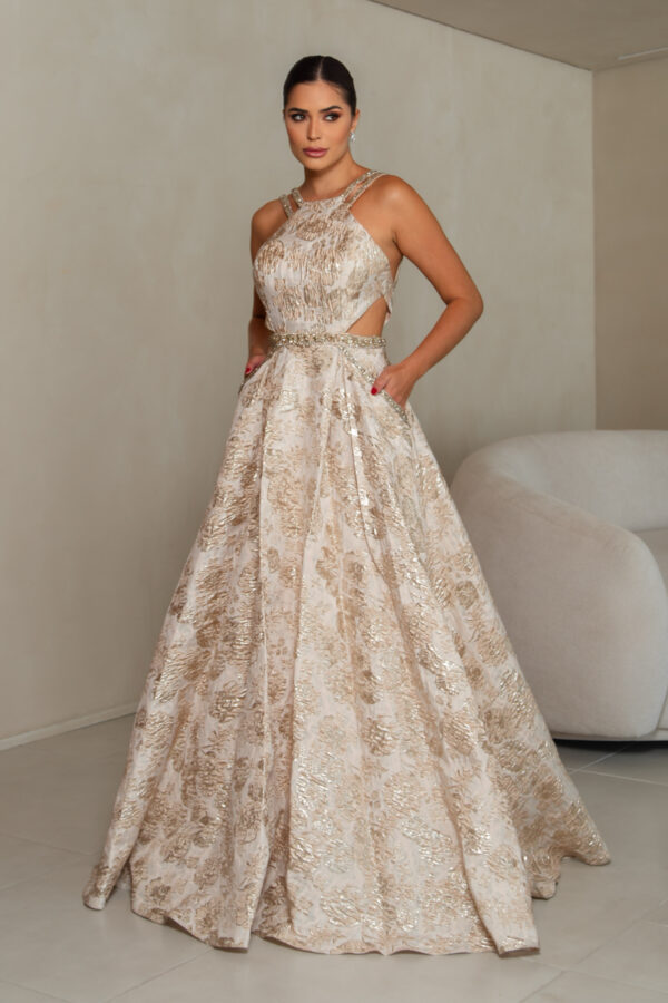 1821 - Vestido Cassidy Importado jacquard bordado e saia com prega - 40 42 - Dourado - Image 3