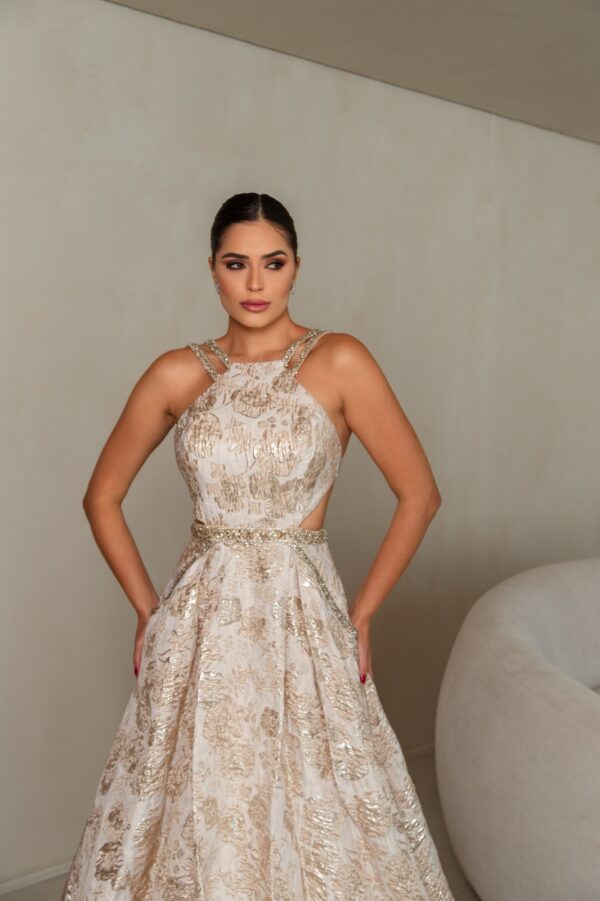 1821 - Vestido Cassidy Importado jacquard bordado e saia com prega - 40 42 - Dourado - Image 2