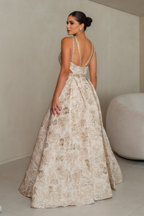 1821 - Vestido Cassidy Importado jacquard bordado e saia com prega - 40 42 - Dourado - Image 5