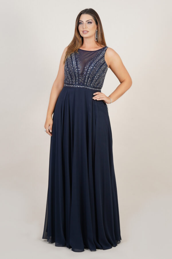 1822 - Vestido Giselle Importado busto bordado e saia rodada - 42 44 46 - Marinho - Image 3