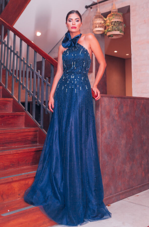 1826 - Vestido Jasmine Importado bordado com paetê e saia levemente rodada - 36 38 40 42 44 - Marinho