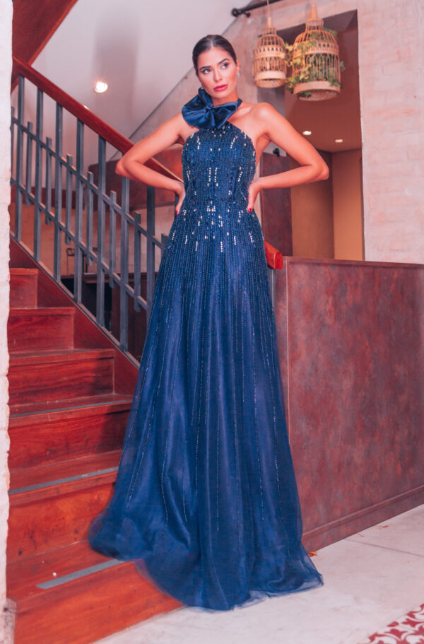 1826 - Vestido Jasmine Importado bordado com paetê e saia levemente rodada - 36 38 40 42 44 - Marinho - Image 3