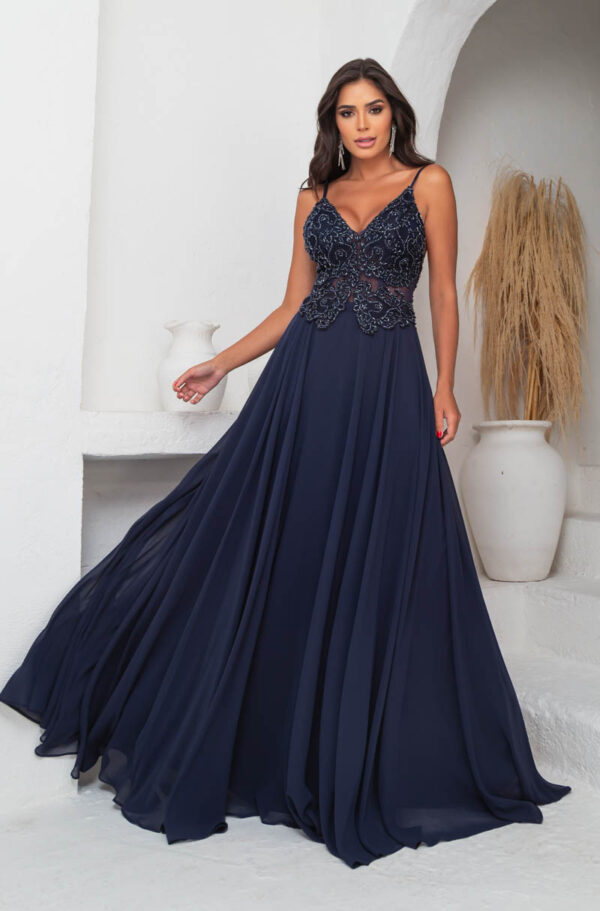 5639 - Vestido Reyna Bordado com alça e saia rodada chiffon - 38 40 42 - Marinho