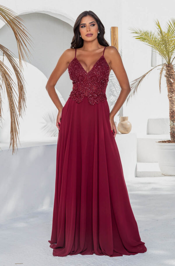 5639 - Vestido Reyna Bordado com alça e saia rodada chiffon - 38 40 42 - Marsala