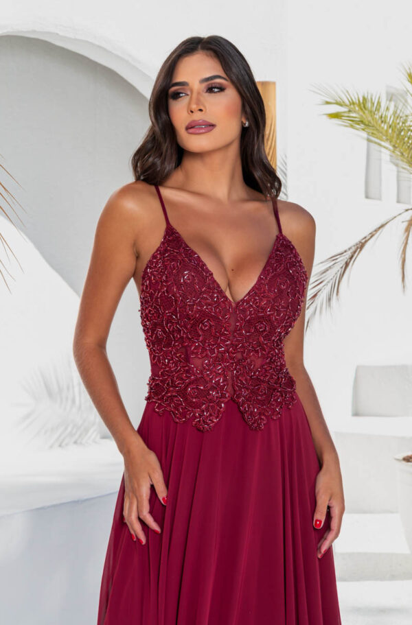 5639 - Vestido Reyna Bordado com alça e saia rodada chiffon - 38 40 42 - Marsala - Image 2