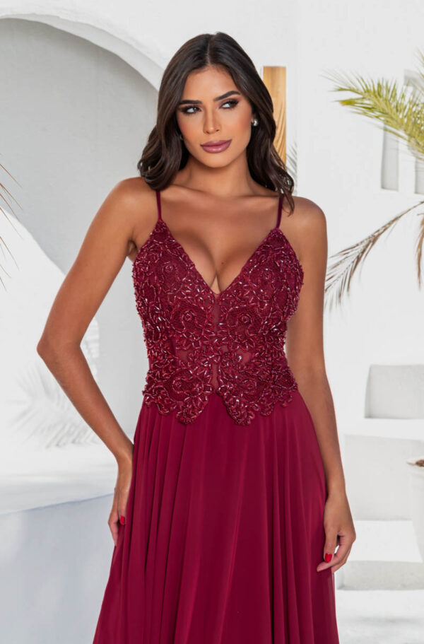 5639 - Vestido Reyna Bordado com alça e saia rodada chiffon - 38 40 42 - Marsala - Image 4