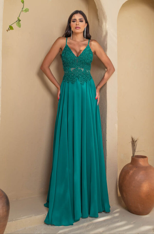 5639 - Vestido Reyna Bordado com alça e saia rodada chiffon - 38 40 42 - Verde - Image 3