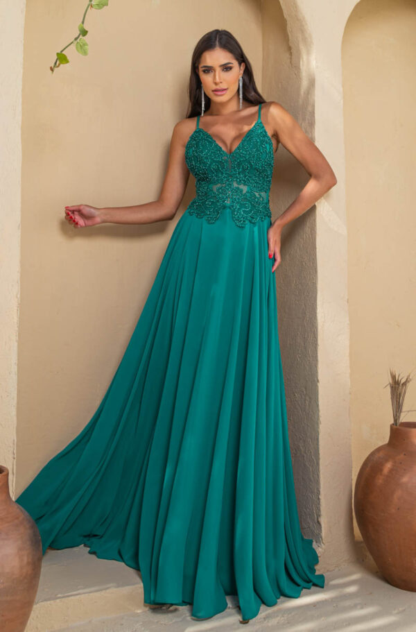 5639 - Vestido Reyna Bordado com alça e saia rodada chiffon - 38 40 42 - Verde - Image 4