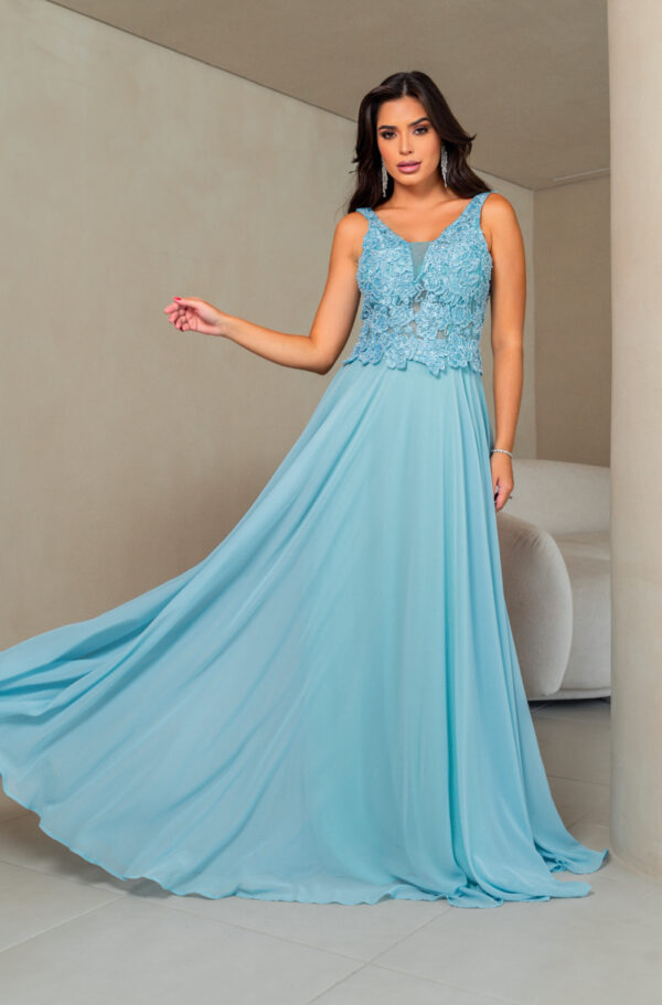 5688 - Vestido Veda busto renda bordada e saia de chiffon rodada - 38 40 - Azul Céu