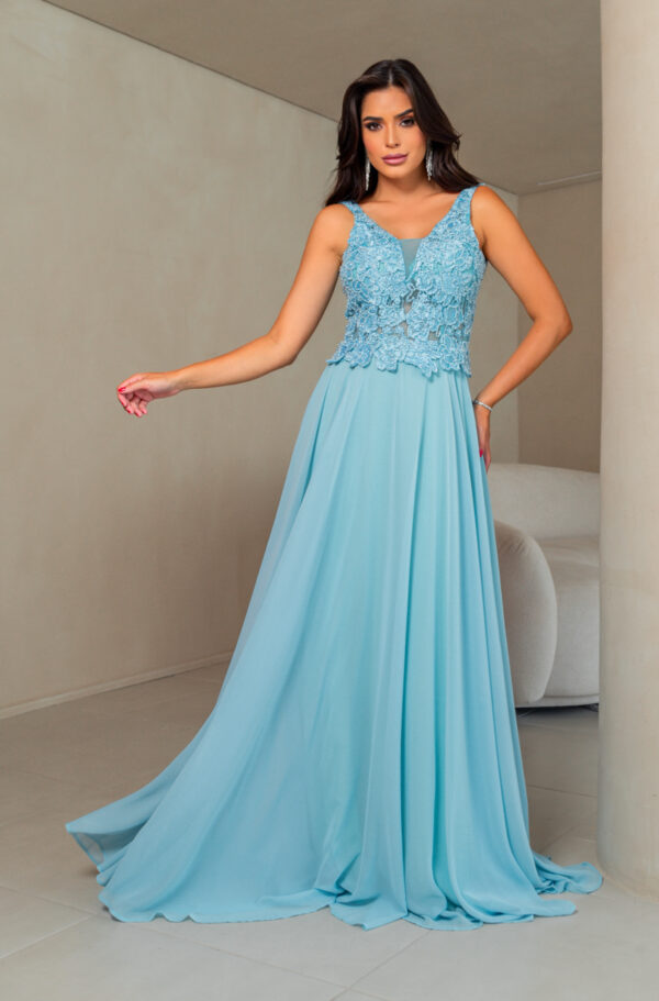5688 - Vestido Veda busto renda bordada e saia de chiffon rodada - 38 40 - Azul Céu - Image 3