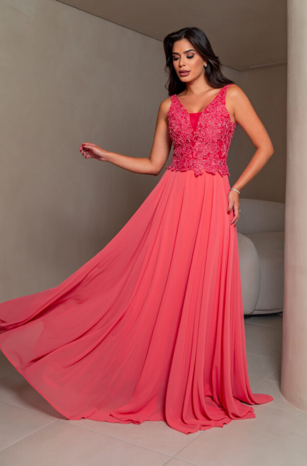 5688 - Vestido Veda busto renda bordada e saia de chiffon rodada - 38 40 - Coral - Image 3
