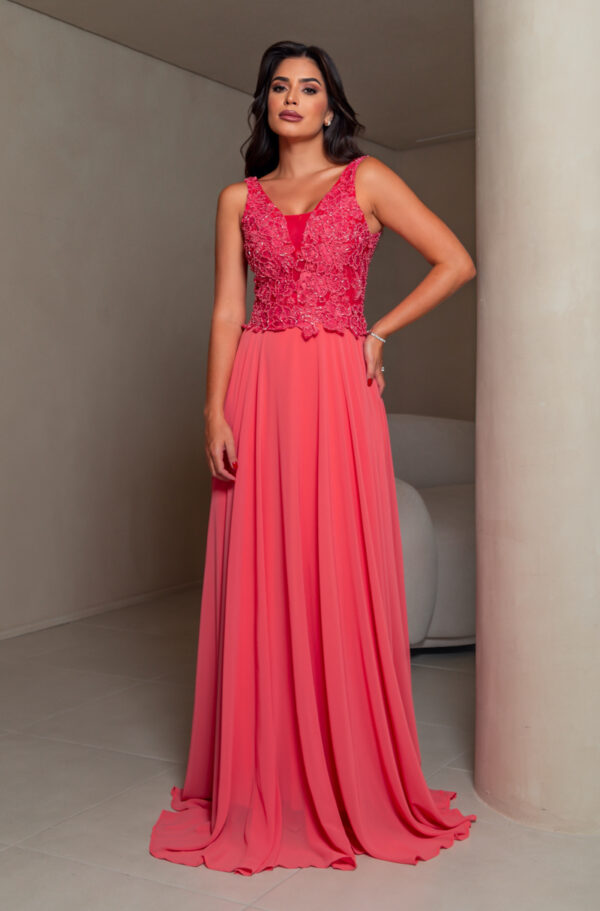 5688 - Vestido Veda busto renda bordada e saia de chiffon rodada - 38 40 - Coral
