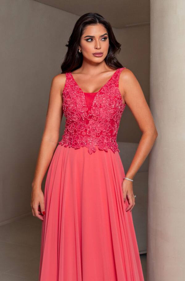 5688 - Vestido Veda busto renda bordada e saia de chiffon rodada - 38 40 - Coral - Image 2