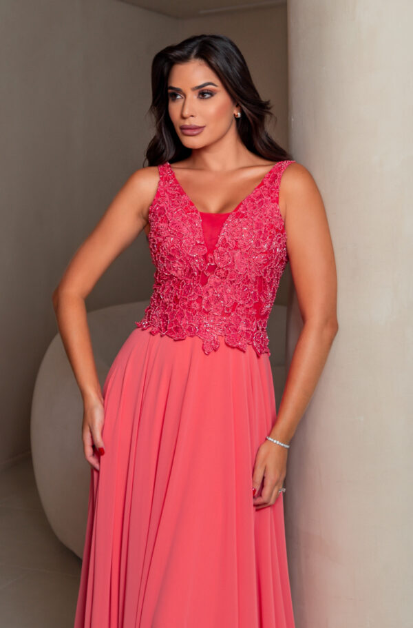 5688 - Vestido Veda busto renda bordada e saia de chiffon rodada - 38 40 - Coral - Image 4